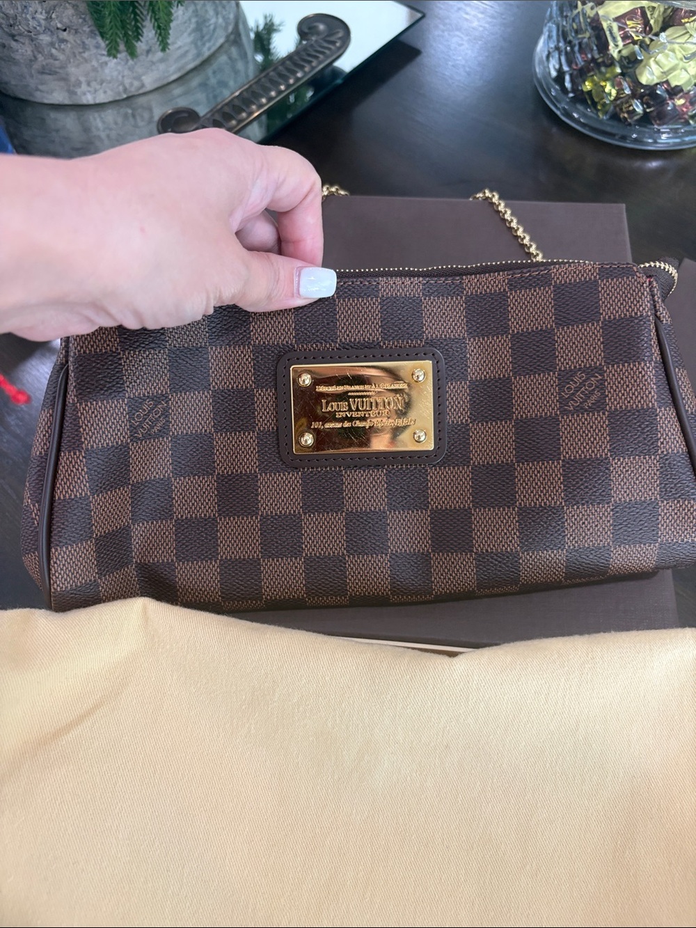 Louis Vuitton Eva Brown Damier Ebene Chain Wristlet Clutch with Gold Plaque